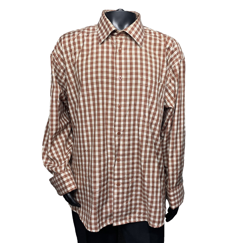 Vtg Prime Time Mens 2XL Dress Shirt 18.5 Long Sleeve 34/35 Brown Plaid Button Up